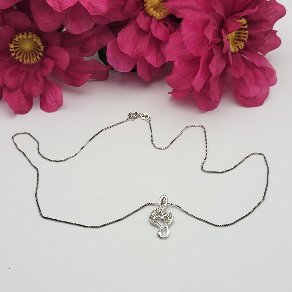 Vtg. MO 925 Modena Italy 8 Diamond Heart Treble Clef Music Note Necklace 19 Inch